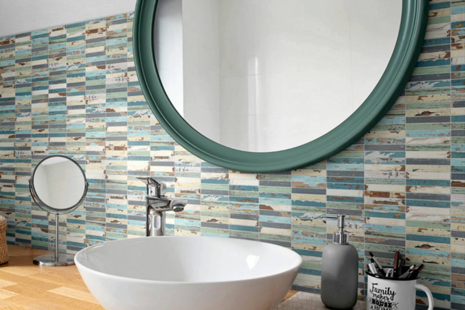 0.7x4 Wood Rectangles Mix Beige/Blue Ceramic Mosaic | Garcia Imported Tile