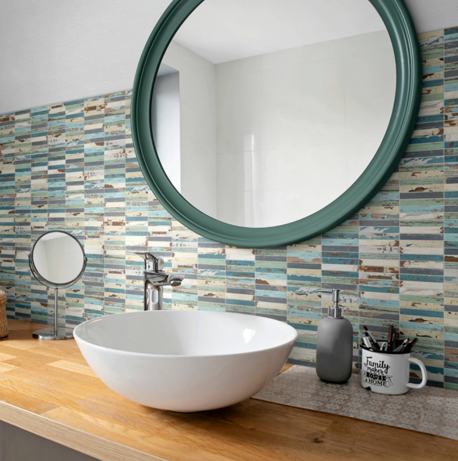 0.7x4 Wood Rectangles Mix Beige/Blue Ceramic Mosaic | Garcia Imported Tile