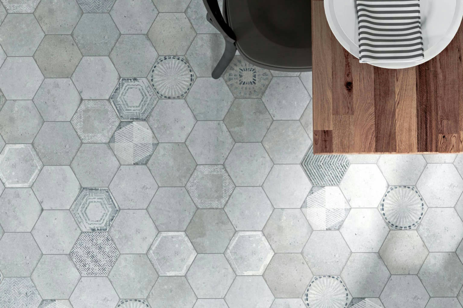 Alma 5.5x6.3” Grey and Grey Decor Hexagon | Garcia Imported Tile