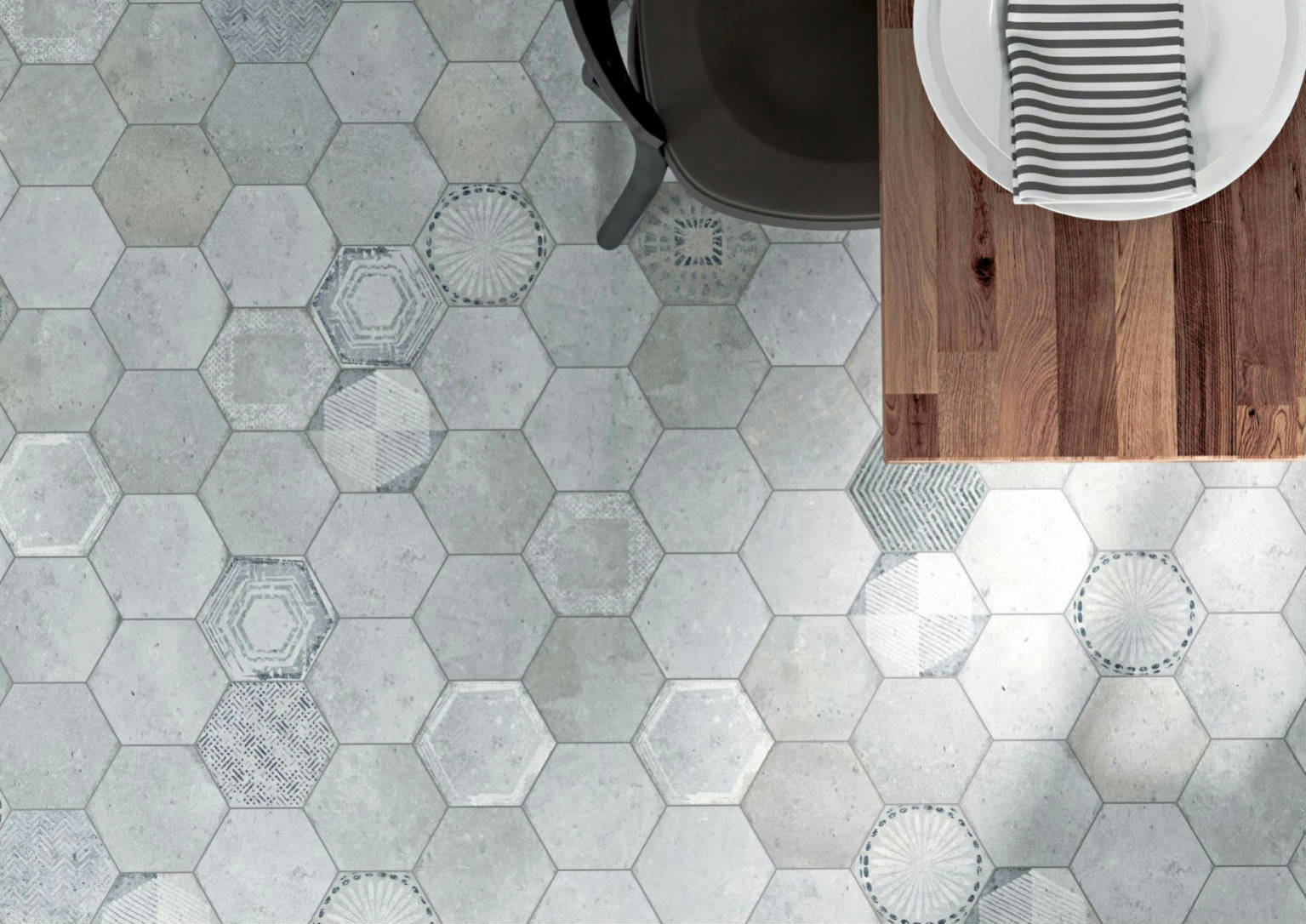 Alma 5.5x6.3” Grey and Grey Decor Hexagon | Garcia Imported Tile