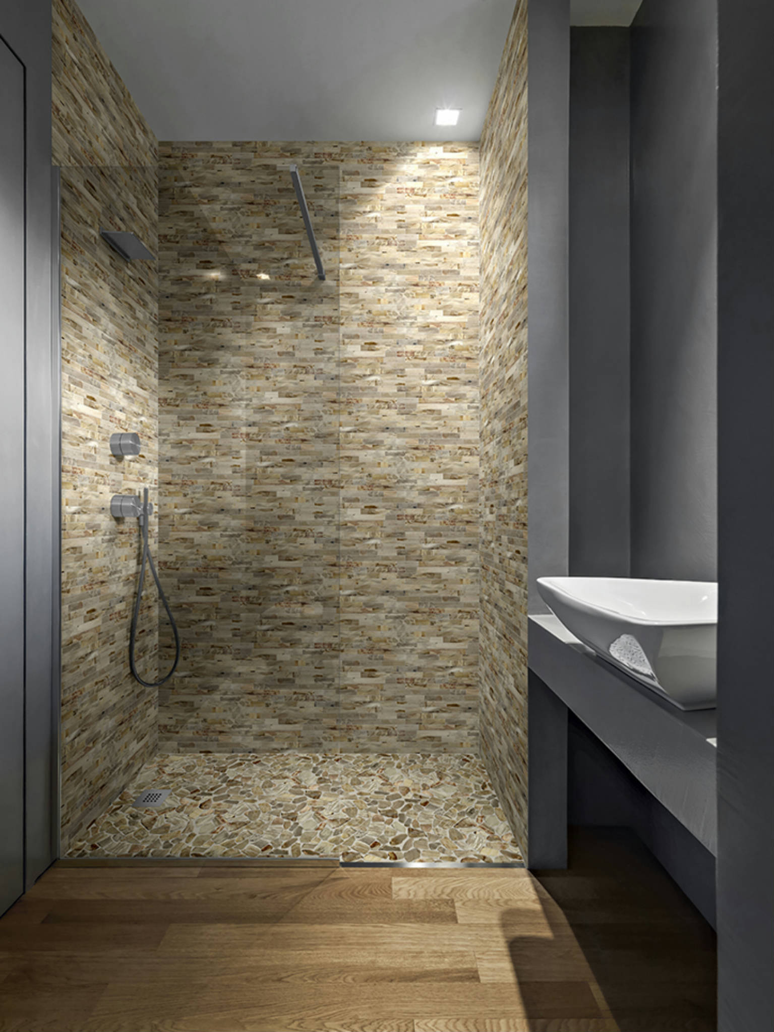 Fossil Wood Mini Opus Mix Beige Interlocking Mosaic | Garcia Imported Tile