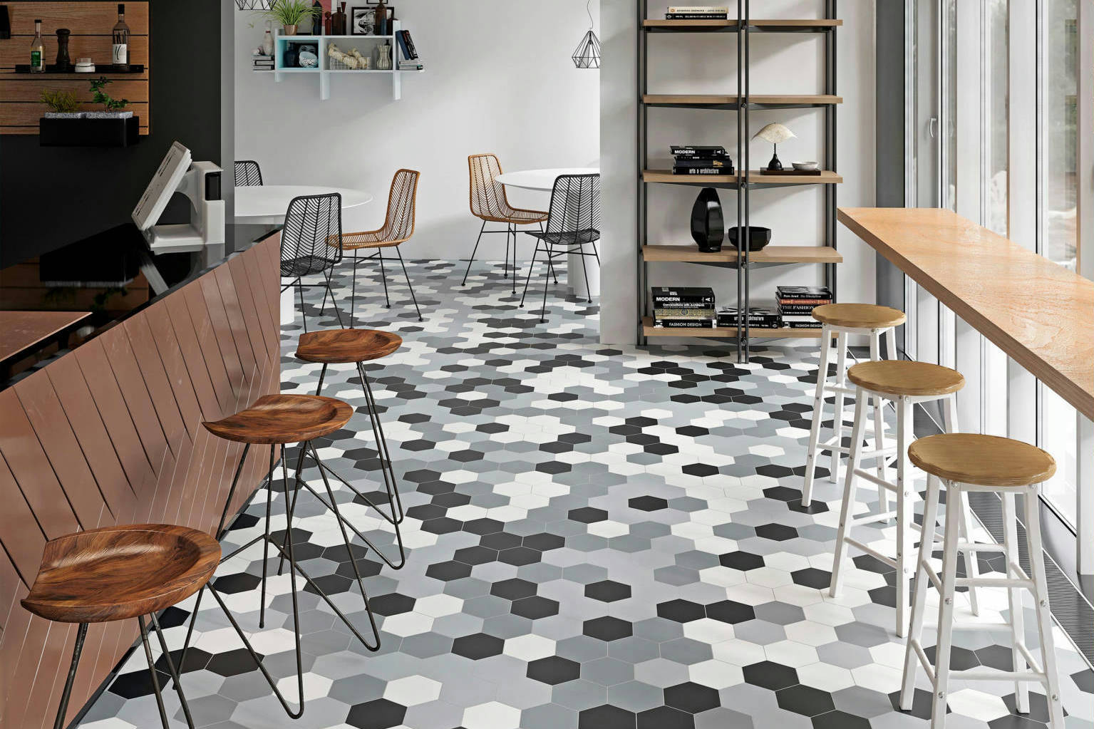 Vida 5.5X6.3” Black, Grey, Pearl, and White  Hexagons | Garcia Imported Tile