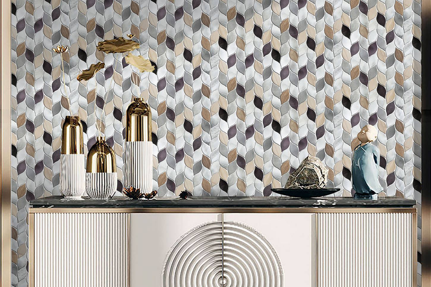 Aluminum & Marble Leaves Silver Grey Brown Mosaic 11 | Garcia Imported Tile