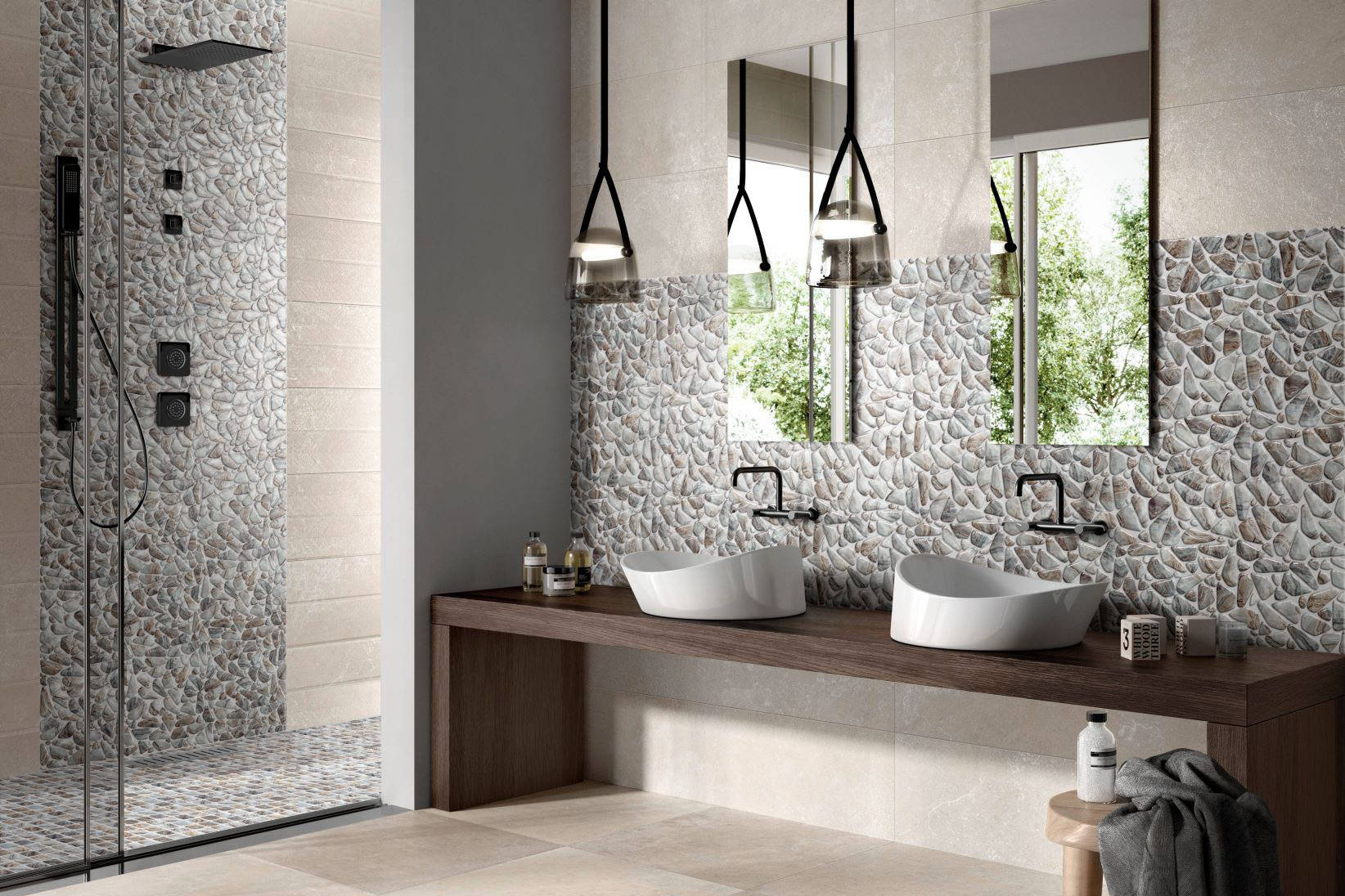 Glass Pebble Grey Beige Mix + Glass Square Grey Beige Mix | Garcia Imported Tile