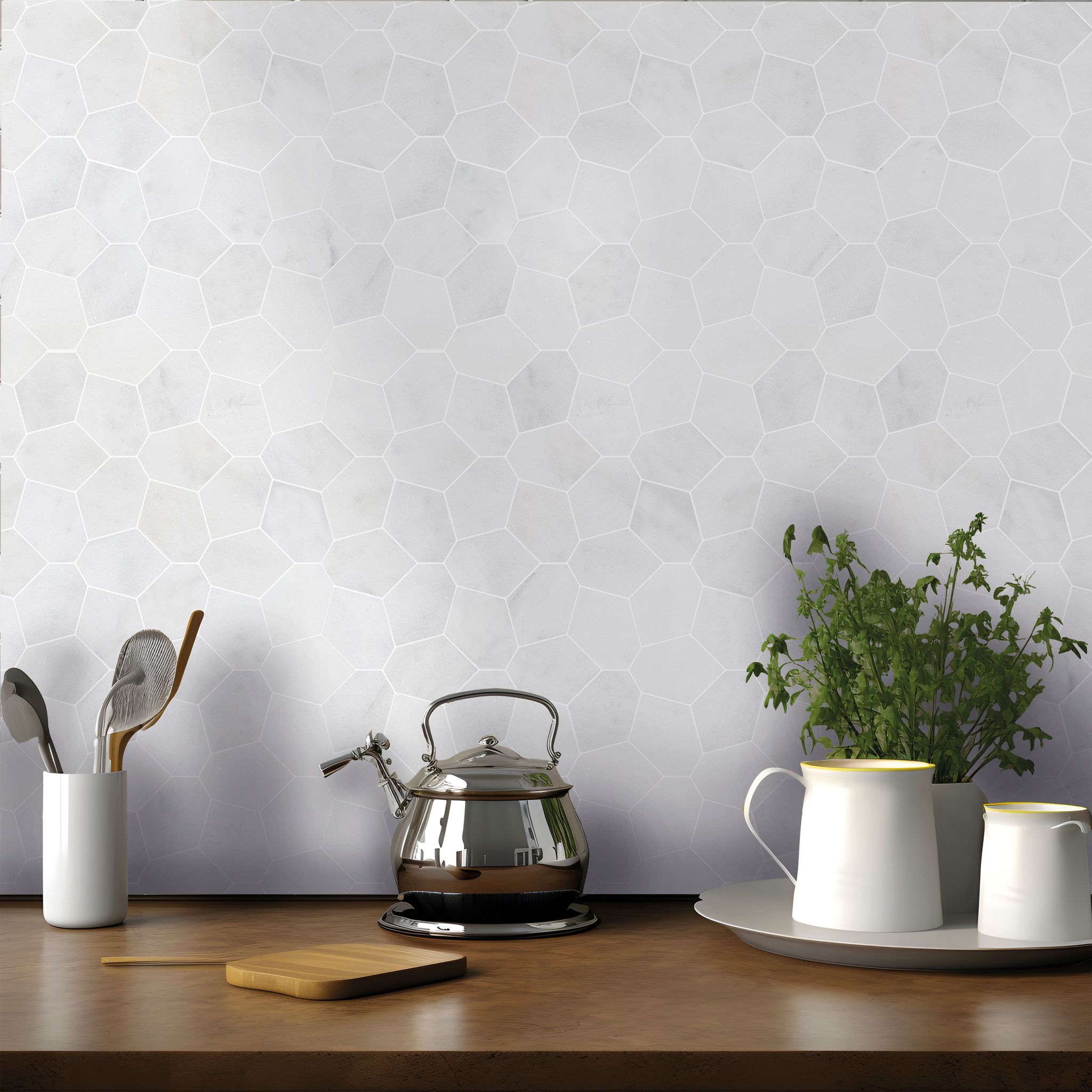 Irregular Hexagon White Grey Marble  | Garcia Imported Tile
